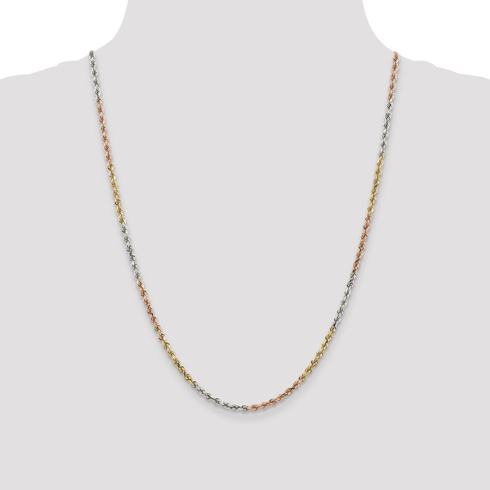 14K Tri-Color 24" Diamond-Cut Rope Chain Necklace with Lobster Clasp - 2.9mm Solid Polished Gold