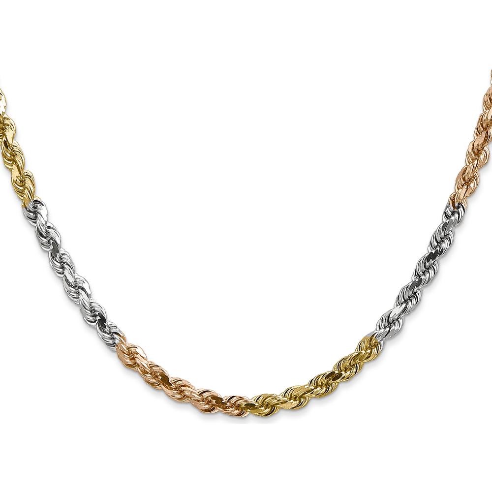 14K Tri-Color 24" Solid Diamond-Cut Rope Chain Necklace with Polished Finish and Lobster Clasp - 4mm