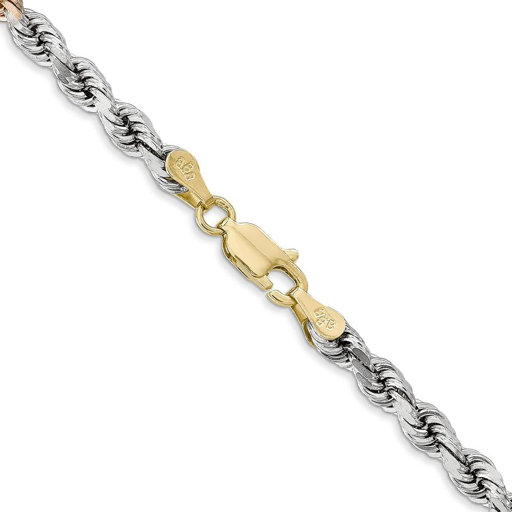 14K Tri-Color 24" Solid Diamond-Cut Rope Chain Necklace with Polished Finish and Lobster Clasp - 4mm