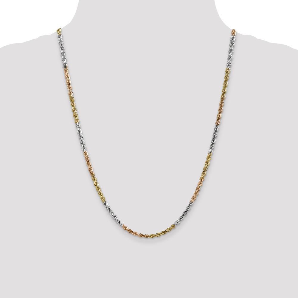 14K Tri-Color 24" Solid Diamond-Cut Rope Chain Necklace with Polished Finish and Lobster Clasp - 4mm