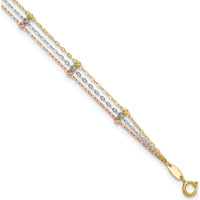 14K Tri-Color 3-Strand Diamond-cut Beaded 9-Station 9" Plus 1" Extender Anklet - Adjustable Length