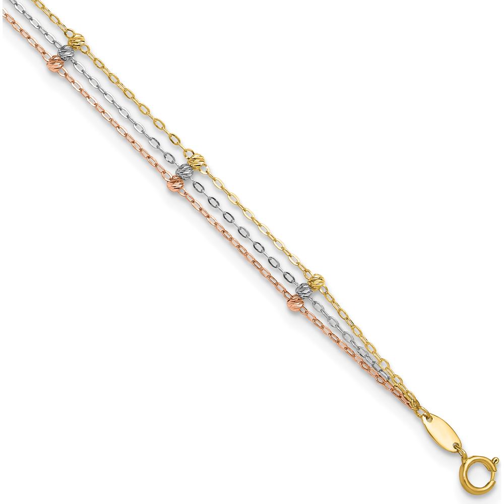 14K Tri-Color 3-Strand Diamond-cut Beaded 9-Station 9" Plus 1" Extender Anklet - Adjustable Length