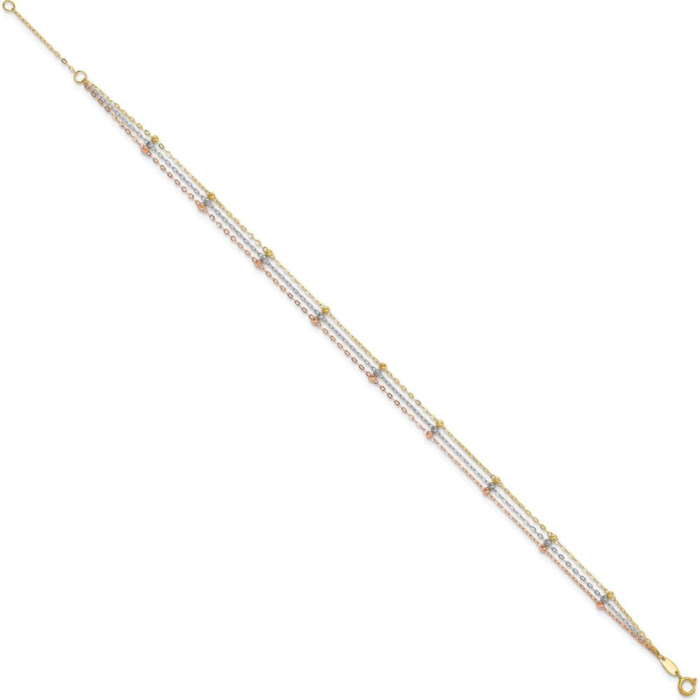 14K Tri-Color 3-Strand Diamond-cut Beaded 9-Station 9" Plus 1" Extender Anklet - Adjustable Length