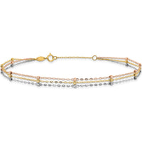 14K Tri-Color 3-Strand Diamond-cut Beaded 9-Station 9" Plus 1" Extender Anklet - Adjustable Length