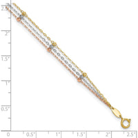 14K Tri-Color 3-Strand Diamond-cut Beaded 9-Station 9" Plus 1" Extender Anklet - Adjustable Length
