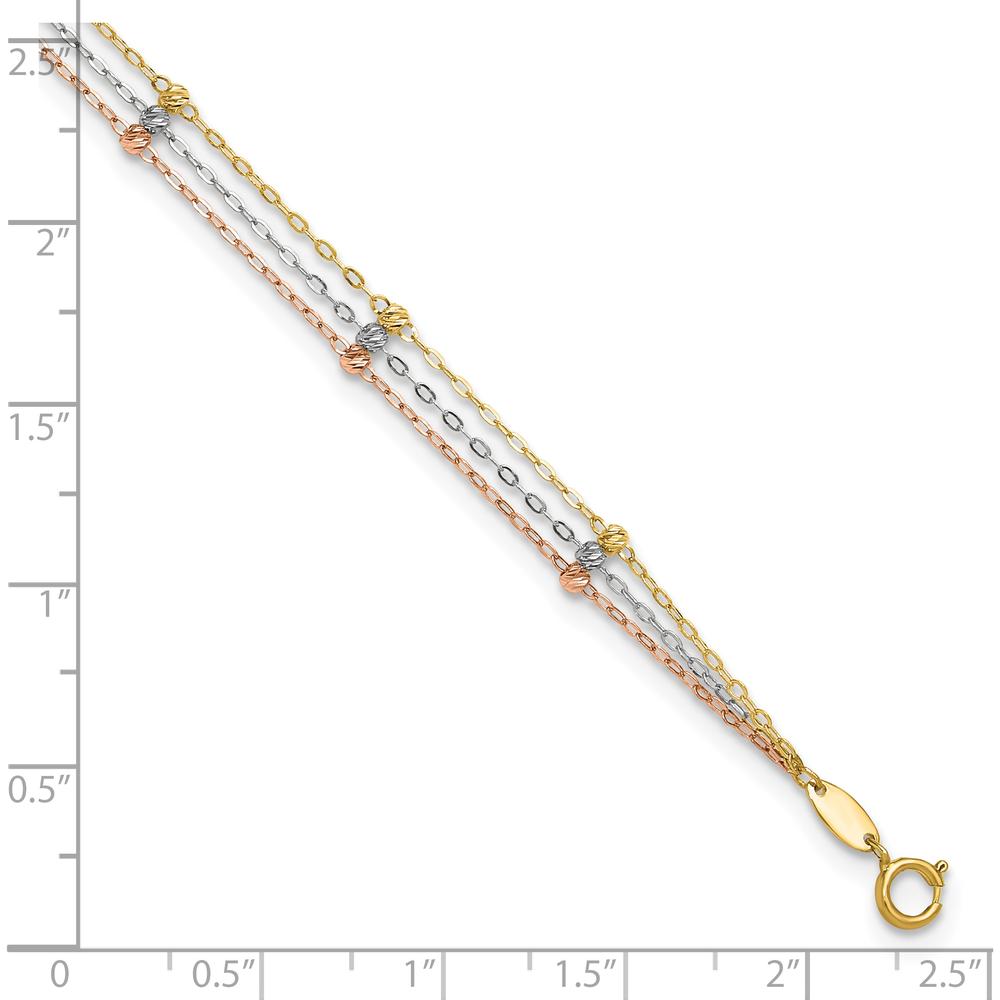 14K Tri-Color 3-Strand Diamond-cut Beaded 9-Station 9" Plus 1" Extender Anklet - Adjustable Length