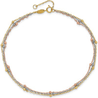14K Tri-Color 3-Strand Diamond-cut Beaded 9-Station 9" Plus 1" Extender Anklet - Adjustable Length