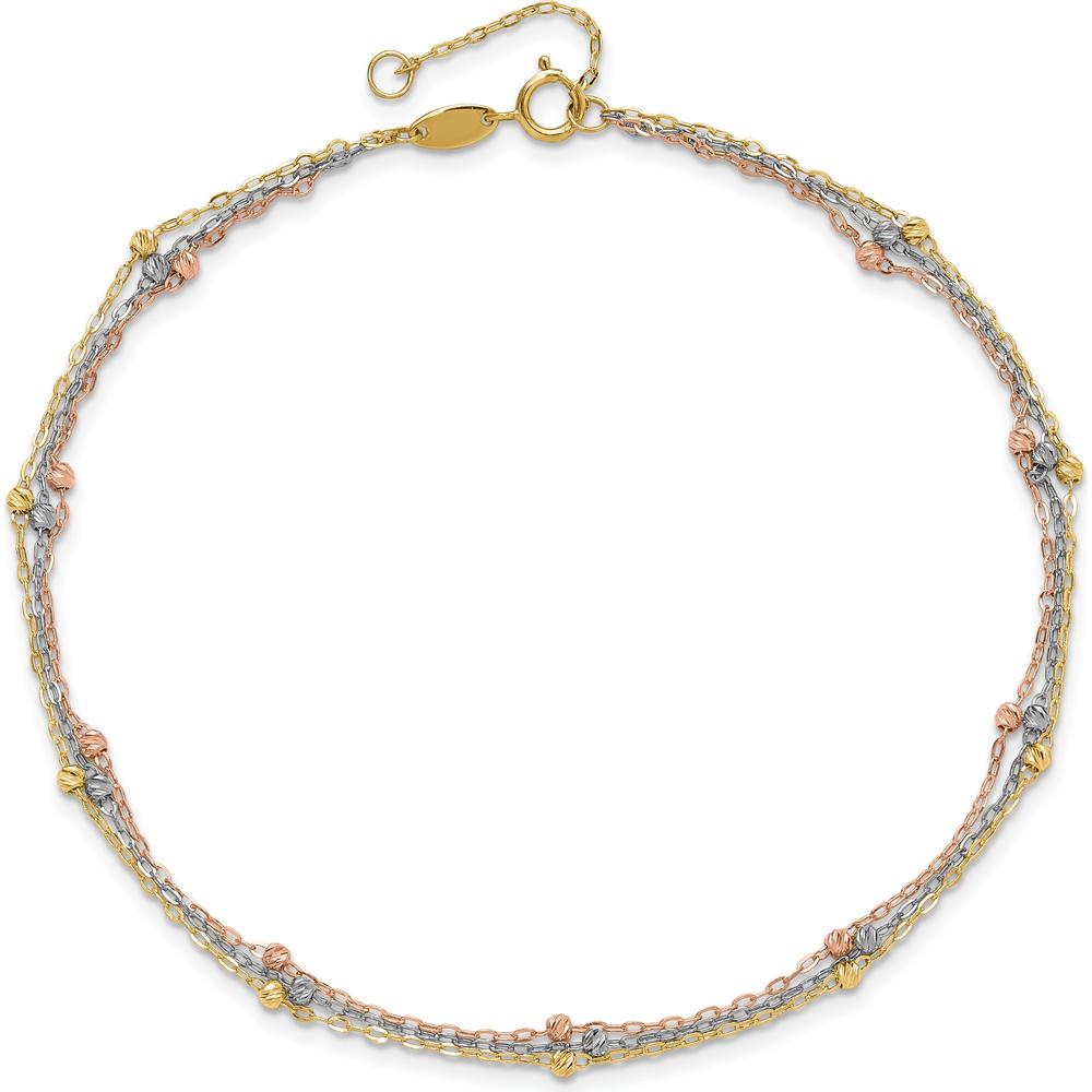 14K Tri-Color 3-Strand Diamond-cut Beaded 9-Station 9" Plus 1" Extender Anklet - Adjustable Length