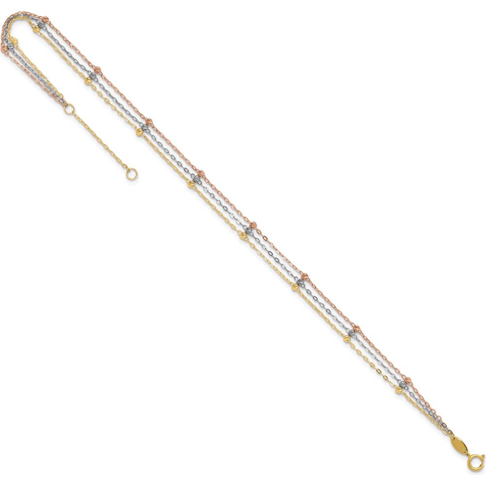 14K Tri-Color 3-Strand Diamond-cut Beaded 9-Station 9" Plus 1" Extender Anklet - Adjustable Length