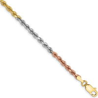 14K Tri-Color 7" Diamond-Cut Rope Bracelet with Lobster Clasp - 2.9mm Width