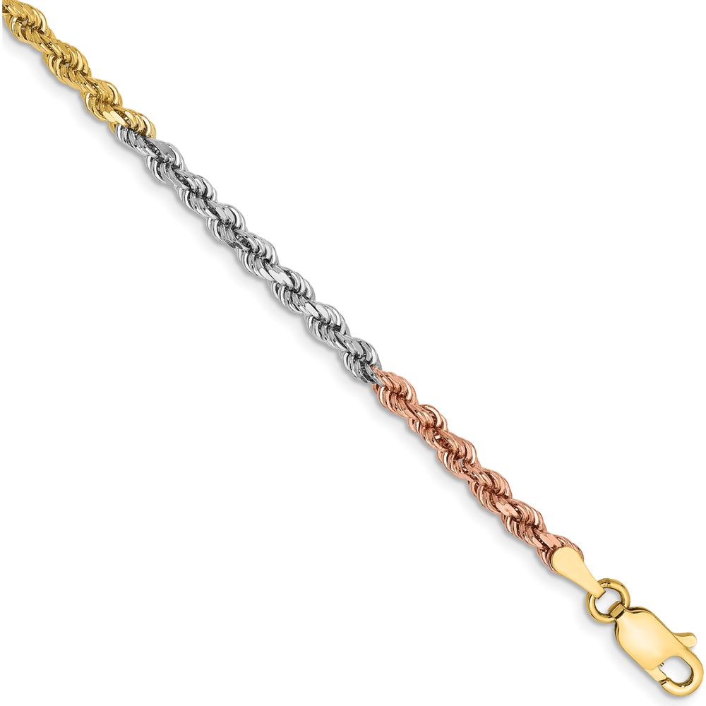 14K Tri-Color 7" Diamond-Cut Rope Bracelet with Lobster Clasp - 2.9mm Width