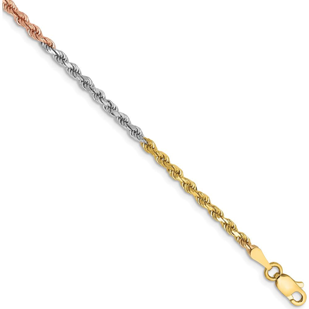 14K Tri-Color 7" Diamond-Cut Rope Chain Bracelet with Lobster Clasp - 2.5mm