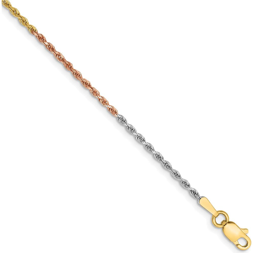 14K Tri-Color 7" Diamond-Cut Rope Chain Bracelet with Polished Finish and Lobster Clasp - 1.5mm
