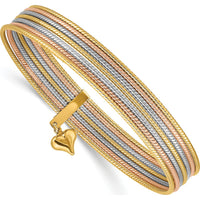 14K Tri-Color 7-Strand Polished Bangle Bracelet with Dangle Heart Charm by Oro Pregiato