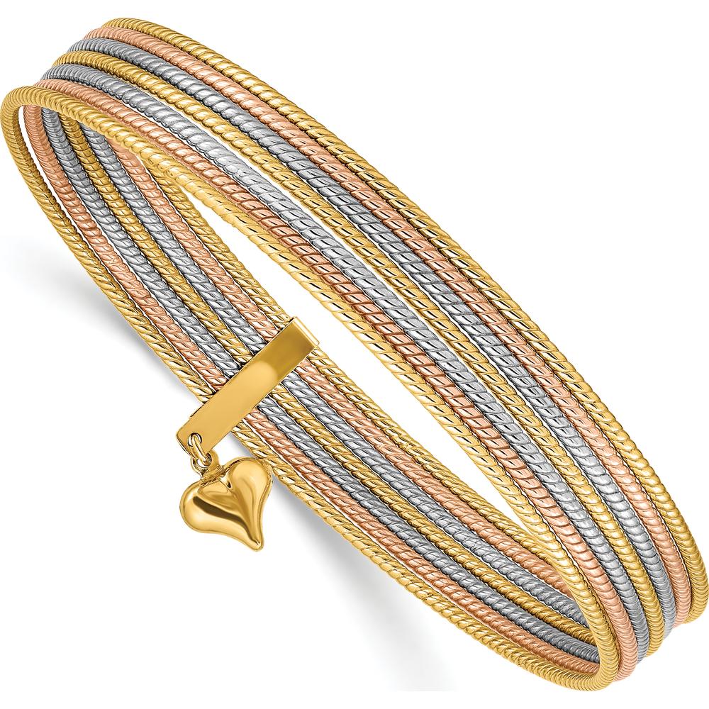 14K Tri-Color 7-Strand Polished Bangle Bracelet with Dangle Heart Charm by Oro Pregiato