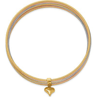14K Tri-Color 7-Strand Polished Bangle Bracelet with Dangle Heart Charm by Oro Pregiato