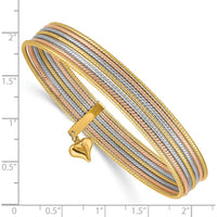 14K Tri-Color 7-Strand Polished Bangle Bracelet with Dangle Heart Charm by Oro Pregiato