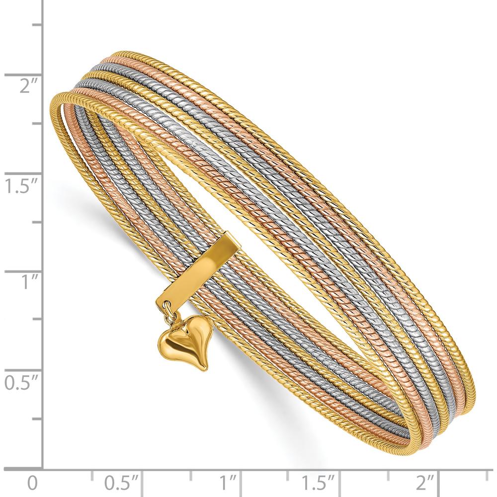 14K Tri-Color 7-Strand Polished Bangle Bracelet with Dangle Heart Charm by Oro Pregiato