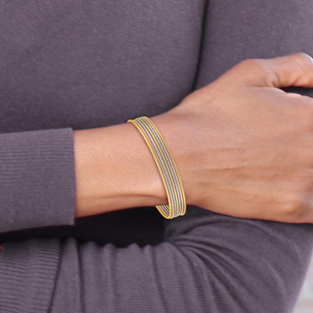 14K Tri-Color 7-Strand Polished Bangle Bracelet with Dangle Heart Charm by Oro Pregiato