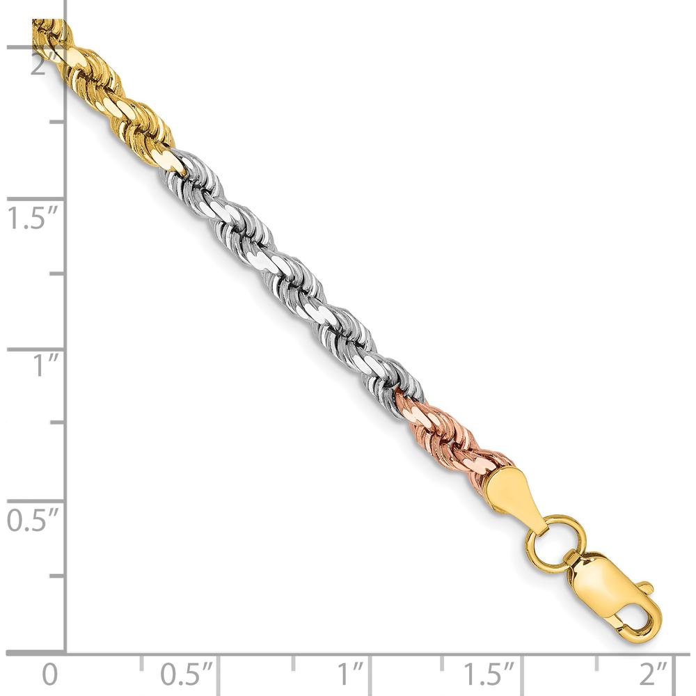 14K Tri-Color 8" Diamond-Cut Rope Chain Bracelet with Polished Finish and Lobster Clasp