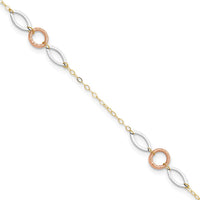 14K Tri-Color Circle and Oval 3-Station Anklet with Adjustable 10" Length