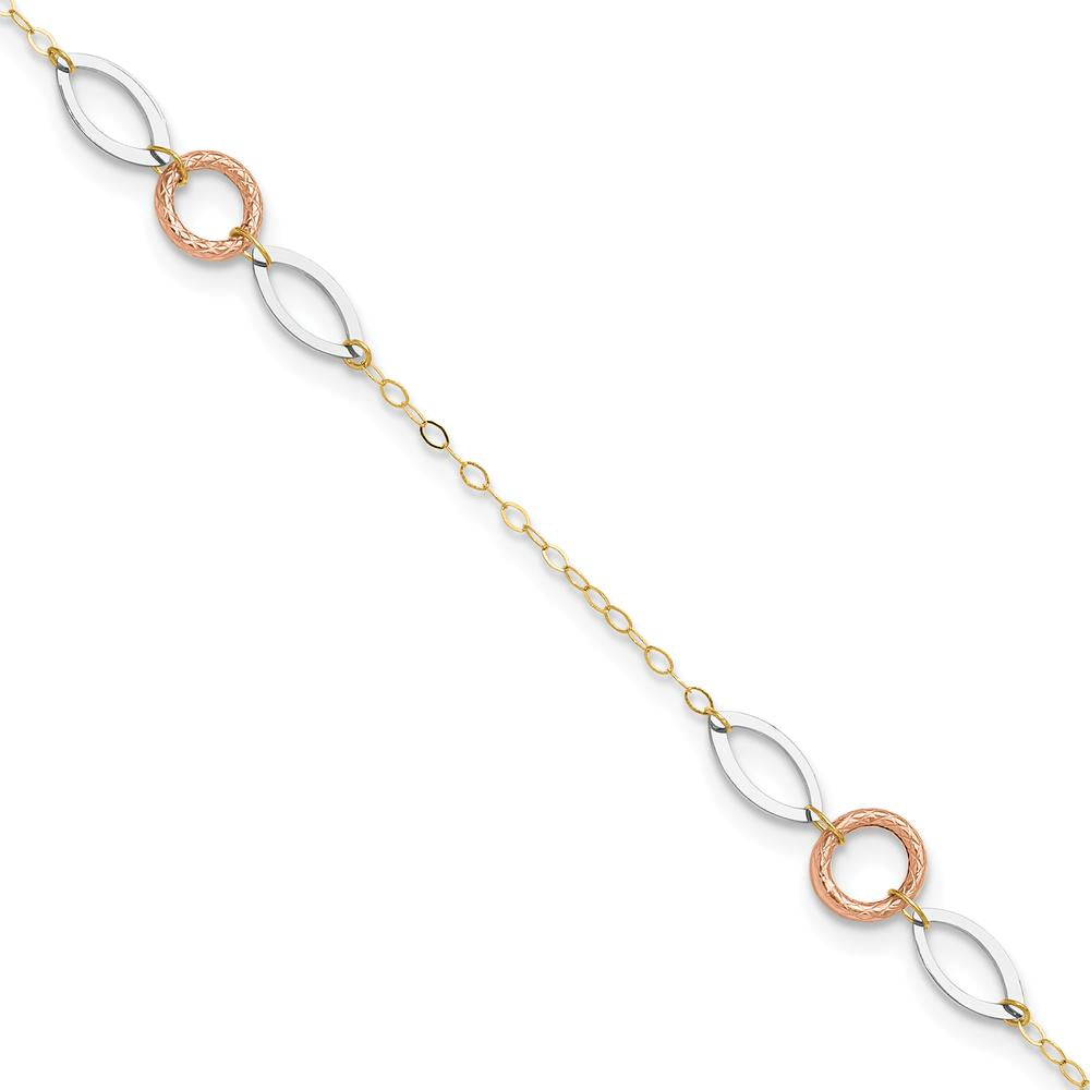 14K Tri-Color Circle and Oval 3-Station Anklet with Adjustable 10" Length
