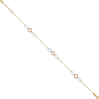 14K Tri-Color Circle and Oval 3-Station Anklet with Adjustable 10" Length