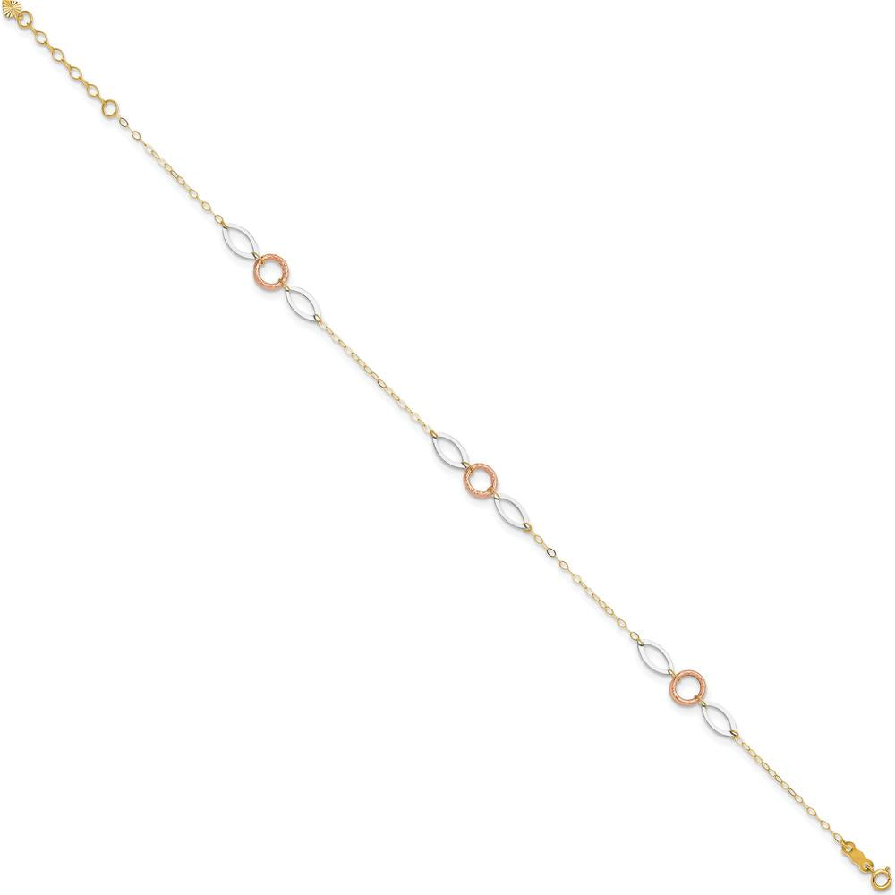 14K Tri-Color Circle and Oval 3-Station Anklet with Adjustable 10" Length