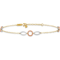 14K Tri-Color Circle and Oval 3-Station Anklet with Adjustable 10" Length