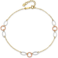 14K Tri-Color Circle and Oval 3-Station Anklet with Adjustable 10" Length