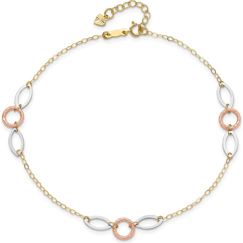 14K Tri-Color Circle and Oval 3-Station Anklet with Adjustable 10" Length