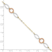 14K Tri-Color Circle and Oval 3-Station Anklet with Adjustable 10" Length