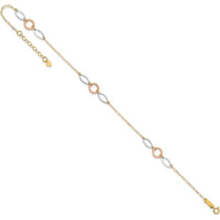 14K Tri-Color Circle and Oval 3-Station Anklet with Adjustable 10" Length