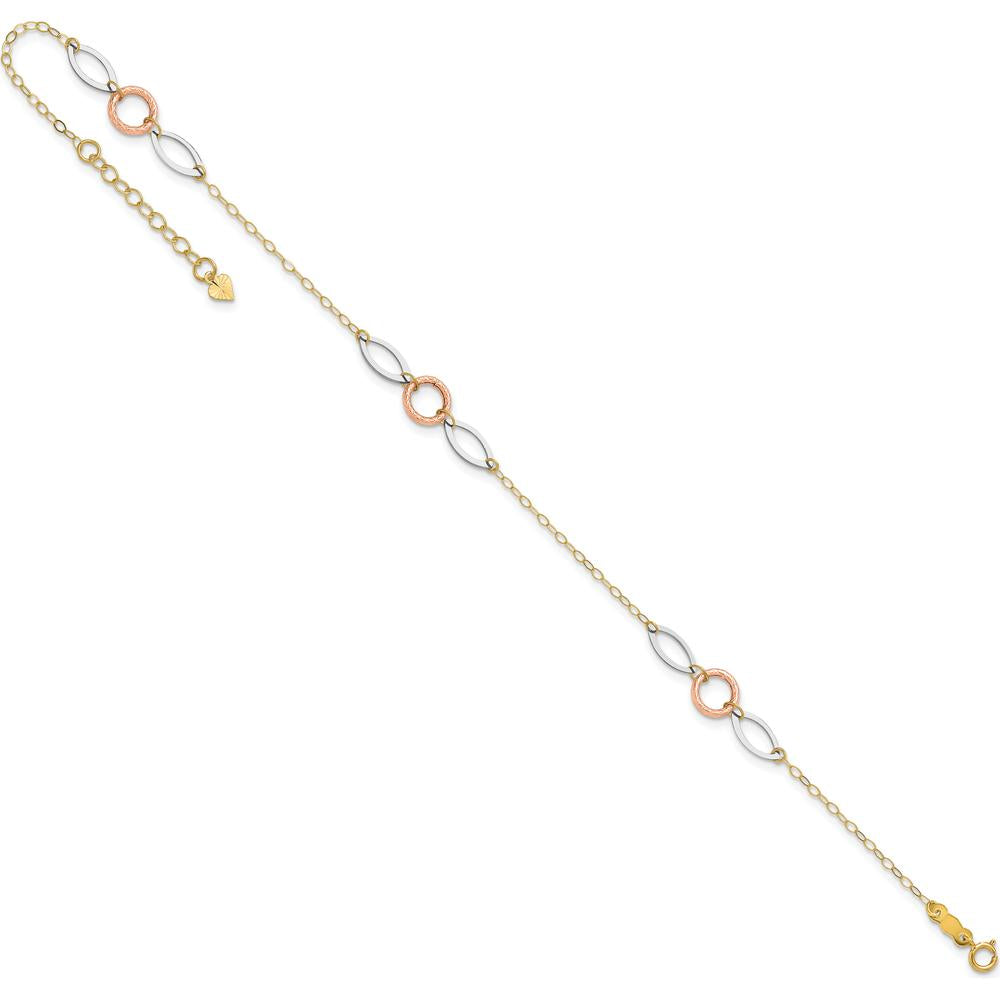14K Tri-Color Circle and Oval 3-Station Anklet with Adjustable 10" Length