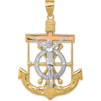 14K Tri-Color Diamond-Cut and Textured Mariners Crucifix Pendant - 54mm Length by Oro Pregiato