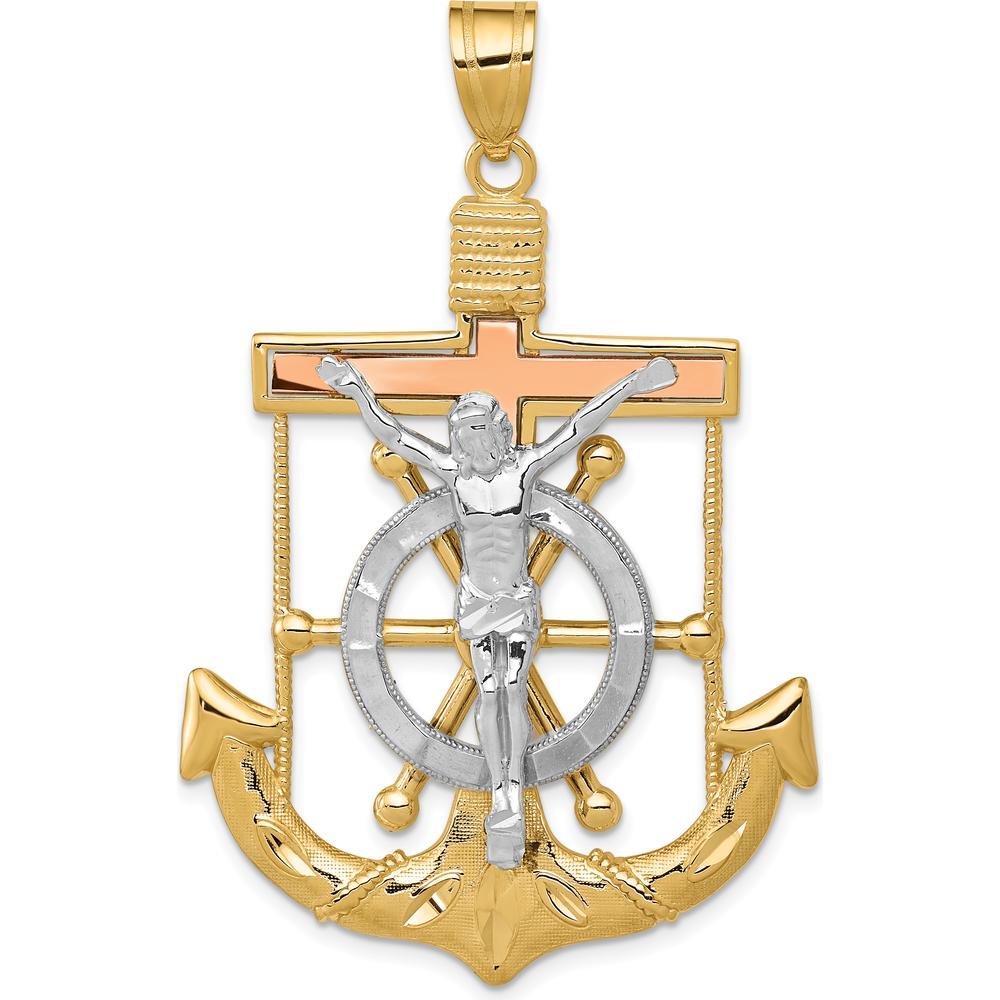 14K Tri-Color Diamond-Cut and Textured Mariners Crucifix Pendant - 54mm Length by Oro Pregiato