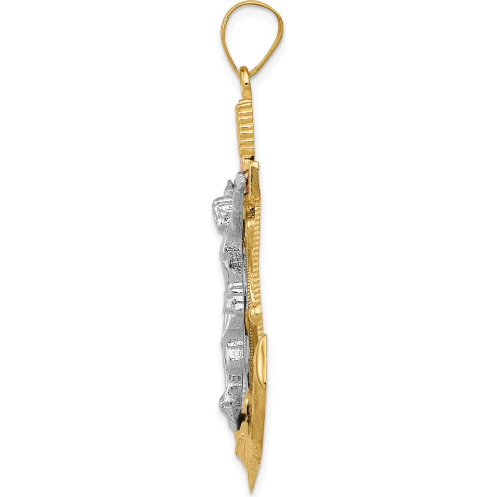 14K Tri-Color Diamond-Cut and Textured Mariners Crucifix Pendant - 54mm Length by Oro Pregiato