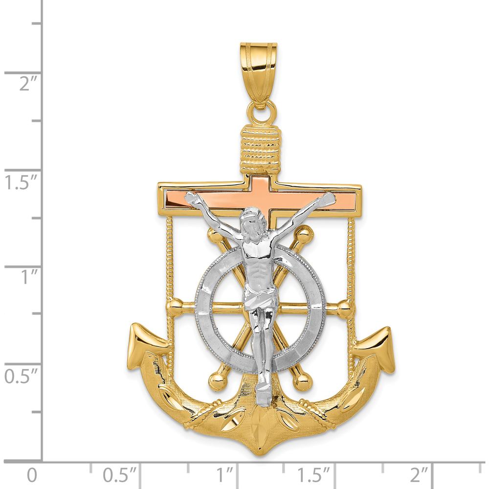 14K Tri-Color Diamond-Cut and Textured Mariners Crucifix Pendant - 54mm Length by Oro Pregiato