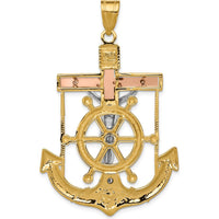 14K Tri-Color Diamond-Cut and Textured Mariners Crucifix Pendant - 54mm Length by Oro Pregiato