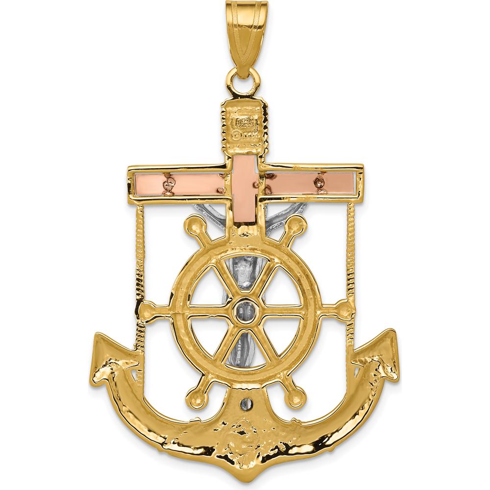14K Tri-Color Diamond-Cut and Textured Mariners Crucifix Pendant - 54mm Length by Oro Pregiato