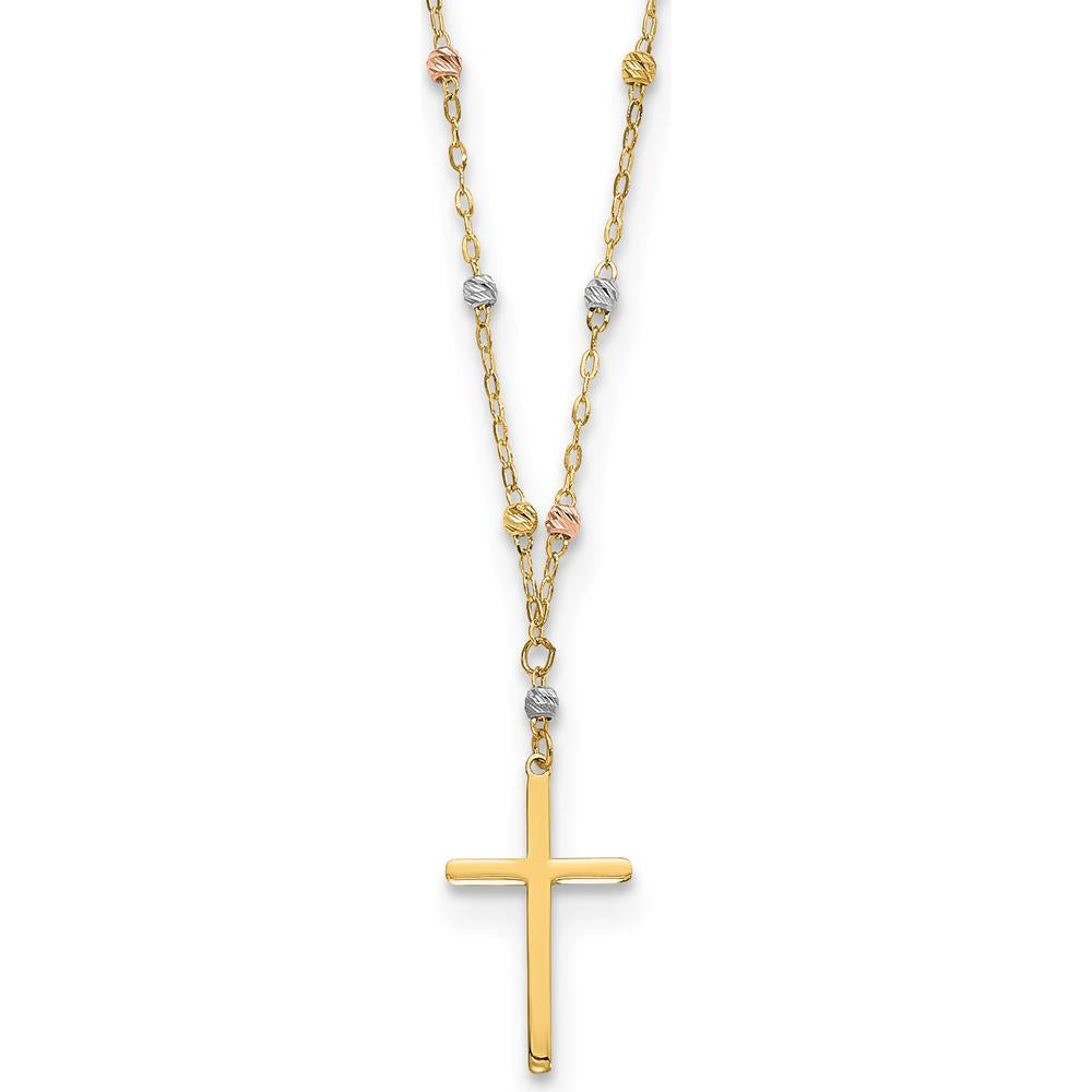 14K Tri-Color Diamond-Cut Beaded Chain Necklace with Polished Cross Pendant - 17" by 0