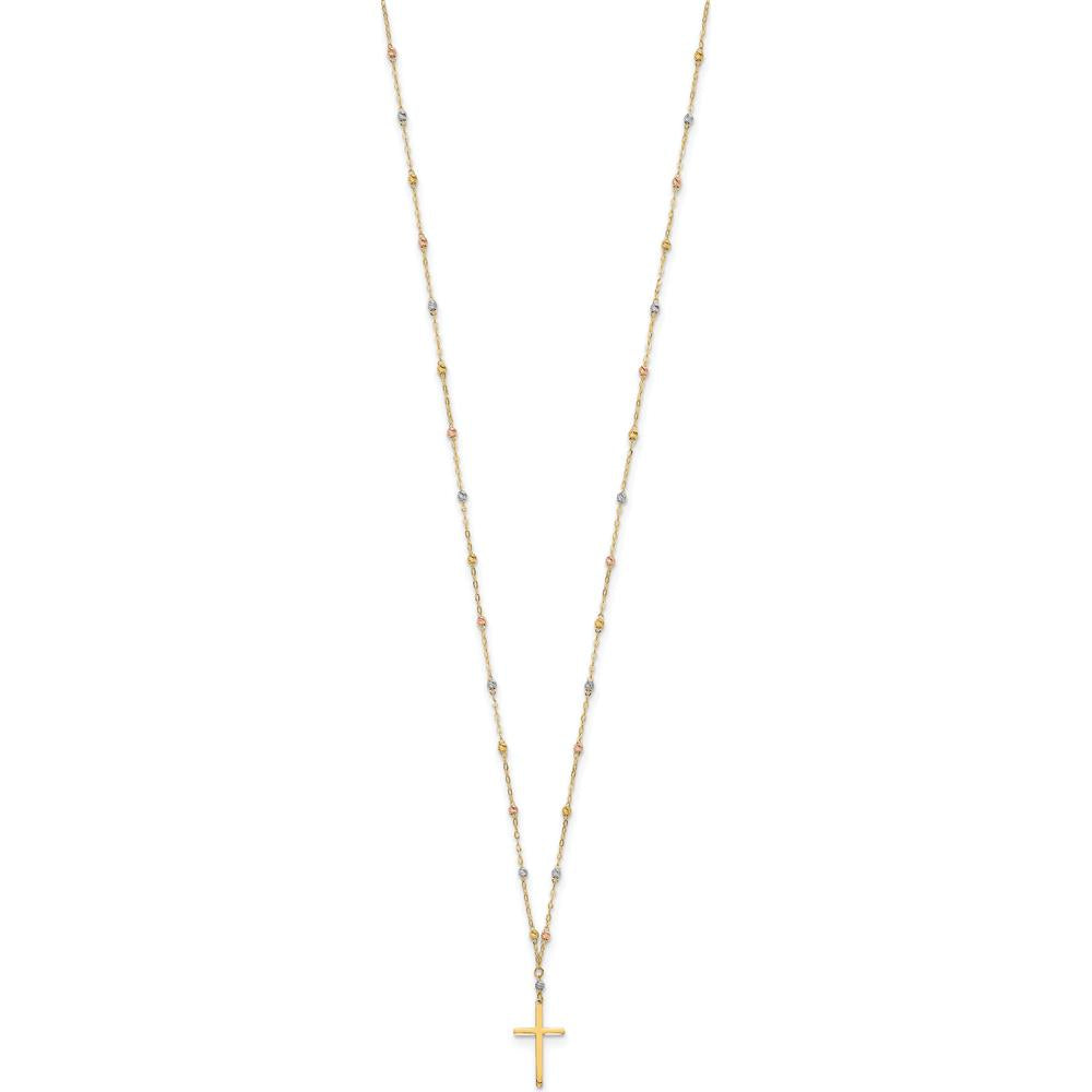 14K Tri-Color Diamond-Cut Beaded Chain Necklace with Polished Cross Pendant - 17" by 0