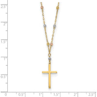 14K Tri-Color Diamond-Cut Beaded Chain Necklace with Polished Cross Pendant - 17" by 0