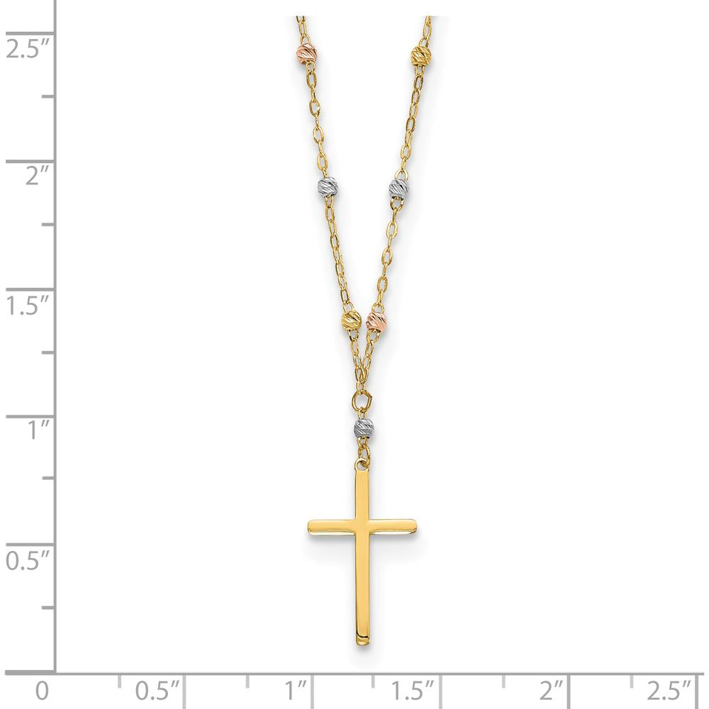 14K Tri-Color Diamond-Cut Beaded Chain Necklace with Polished Cross Pendant - 17" by 0