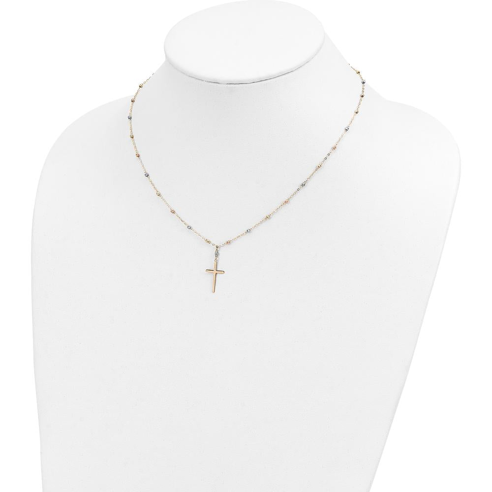 14K Tri-Color Diamond-Cut Beaded Chain Necklace with Polished Cross Pendant - 17" by 0