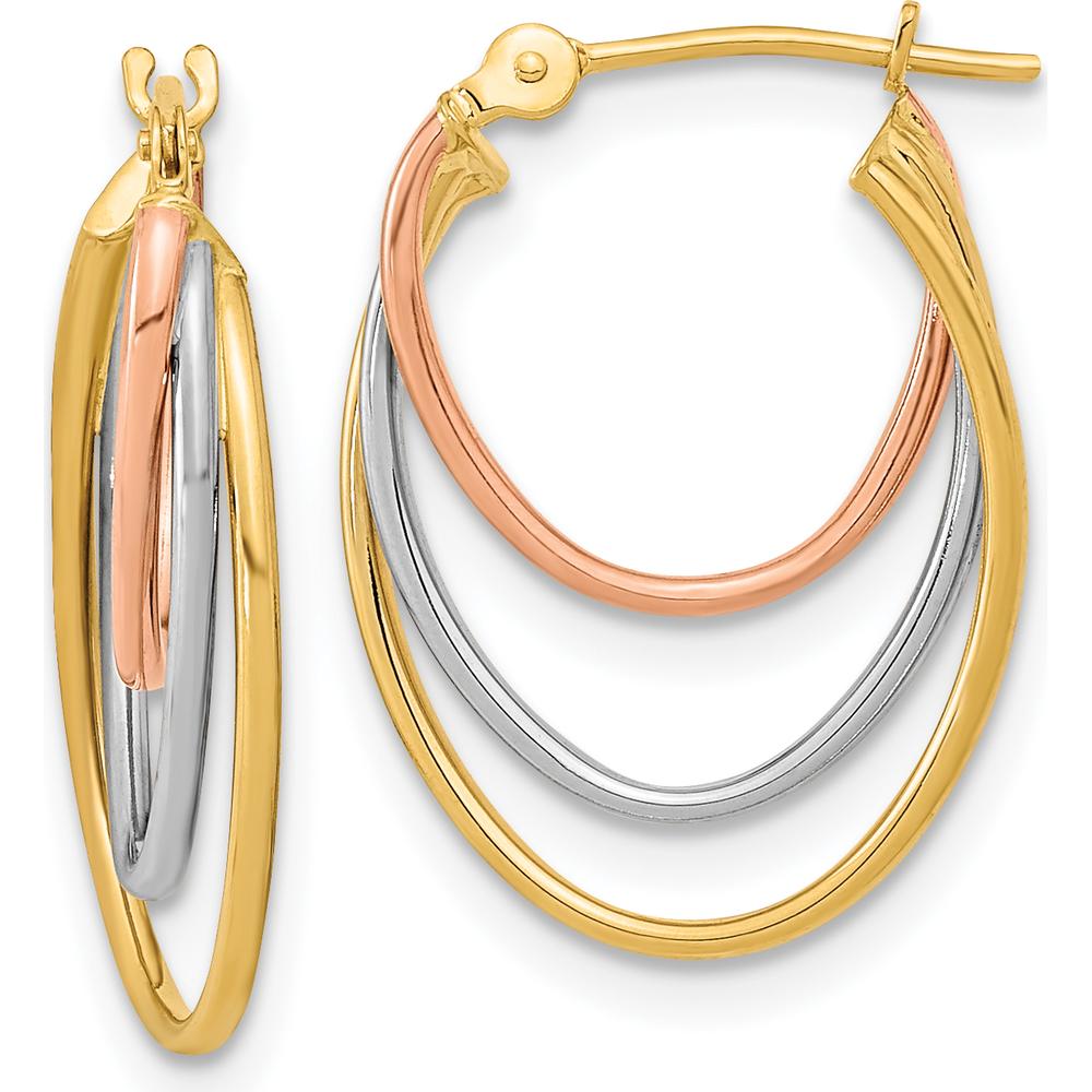 14K Tri-Color Diamond-Cut Graduated 3-Ring Hoop Earrings - 21.2mm Length, 15.1mm Width by Oro Pregiato