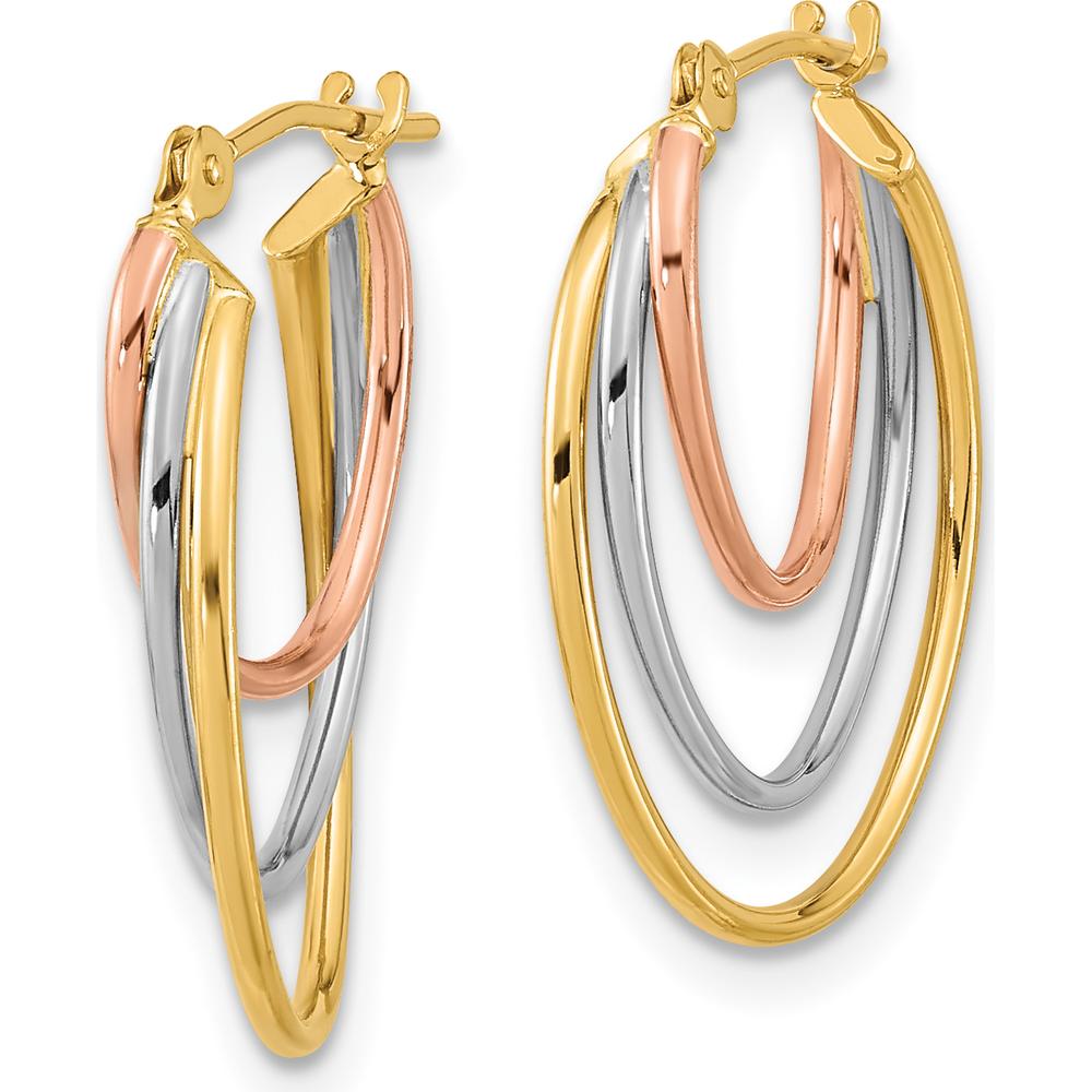 14K Tri-Color Diamond-Cut Graduated 3-Ring Hoop Earrings - 21.2mm Length, 15.1mm Width by Oro Pregiato