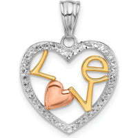 14K Tri-Color Diamond-Cut "LOVE" Heart Pendant Necklace - 24.6mm Length by Oro Pregiato