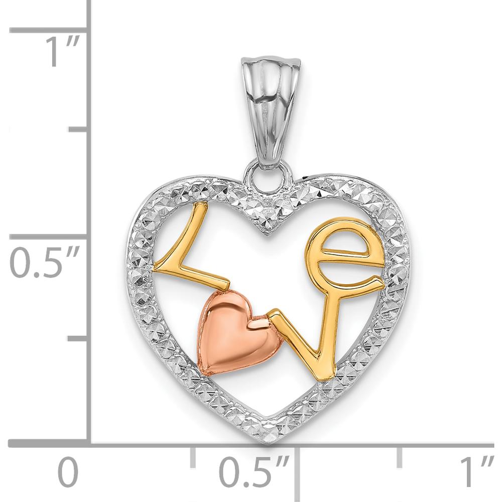 14K Tri-Color Diamond-Cut "LOVE" Heart Pendant Necklace - 24.6mm Length by Oro Pregiato