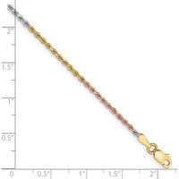 14K Tri-Color Diamond-Cut Rope Anklet with Lobster Clasp - 9 Inch, 1.75mm